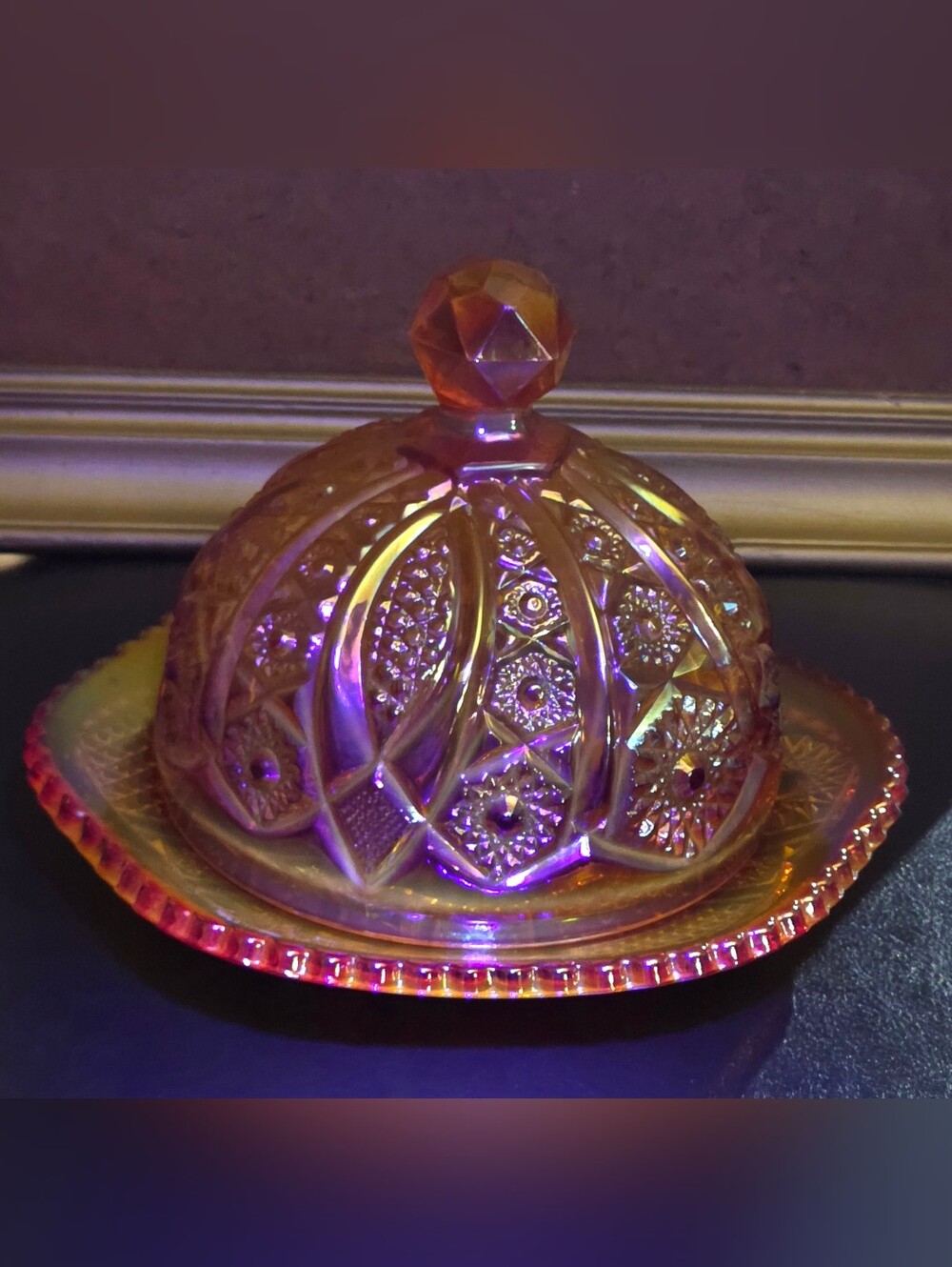 Vintage Indiana Glass Heirloom Series Iridescent Sunset Red Hobstar Butter Dish